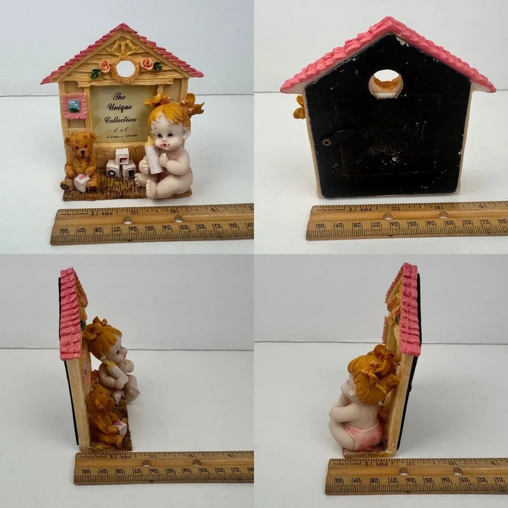 Vtg Small Miniature White Baby Girl Teddy Bear Tabletop Picture Frame Nursery
